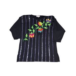 Eminent Womens Black Floral Sequin 1/2 Sleeve Blouse Top Size M